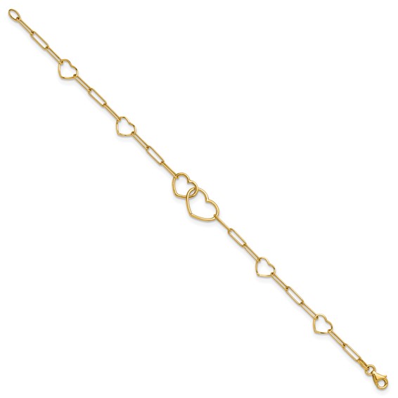 14k Polished Double Hearts and Paper Clip Links 7.5 inch Bracelet