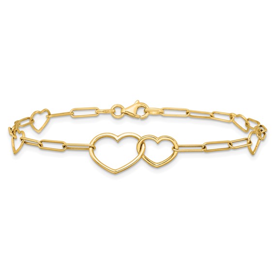 14k Polished Double Hearts and Paper Clip Links 7.5 inch Bracelet