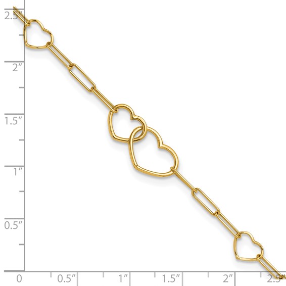 14k Polished Double Hearts and Paper Clip Links 7.5 inch Bracelet