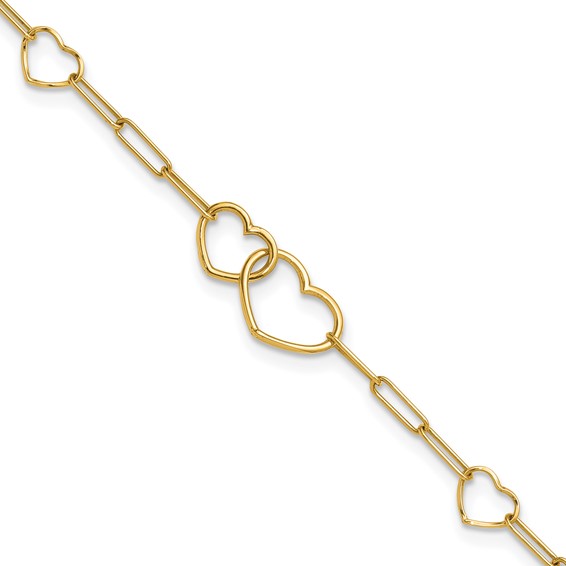 14k Polished Double Hearts and Paper Clip Links 7.5 inch Bracelet