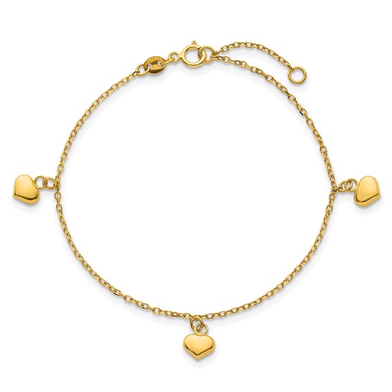 14k Polished Three Puffed Heart Dangle 6.5 inch Childrens Bracelet Plus 0.75 inch Extender