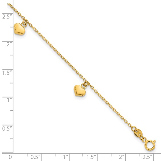 14k Polished Three Puffed Heart Dangle 6.5 inch Childrens Bracelet Plus 0.75 inch Extender