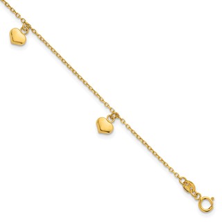 14k Polished Three Puffed Heart Dangle 6.5 inch Childrens Bracelet Plus 0.75 inch Extender