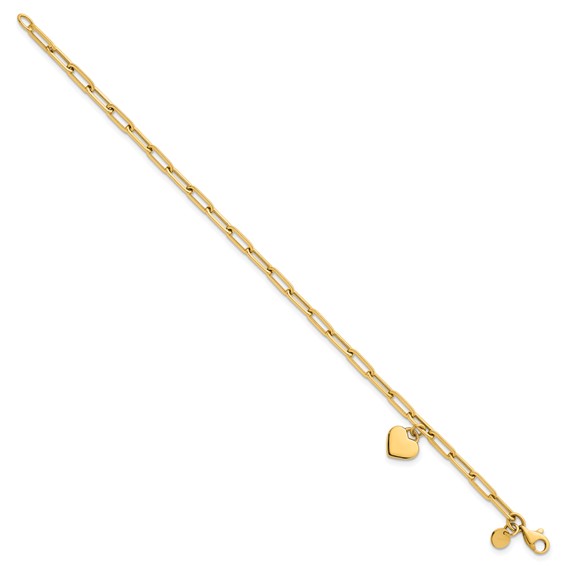 14k Polished Flat Dangle 9mm Heart Paperclip Link 7.25 inch Bracelet