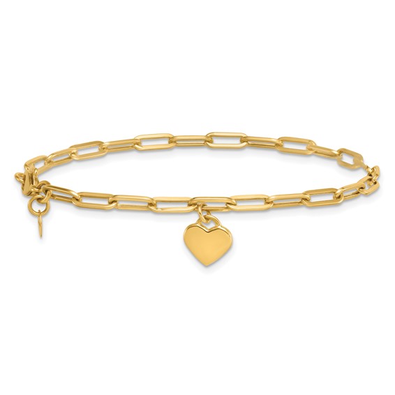 14k Polished Flat Dangle 9mm Heart Paperclip Link 7.25 inch Bracelet