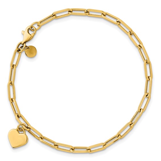 14k Polished Flat Dangle 9mm Heart Paperclip Link 7.25 inch Bracelet
