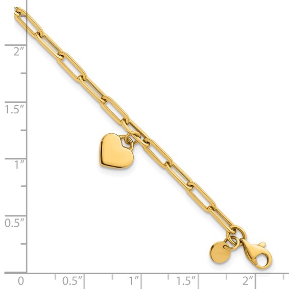 14k Polished Flat Dangle 9mm Heart Paperclip Link 7.25 inch Bracelet