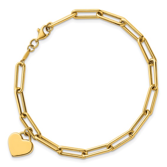 14k Polished Flat Dangle 11mm Heart Paperclip Link 7.5 inch Bracelet