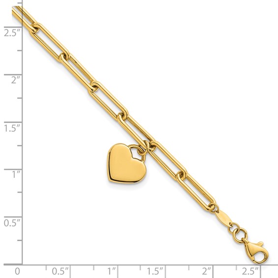 14k Polished Flat Dangle 11mm Heart Paperclip Link 7.5 inch Bracelet