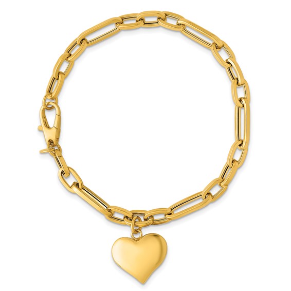 14k Polished Paperclip Figaro Link With Puffed Heart Dangle 7.5 inch Bracelet
