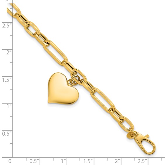 14k Polished Paperclip Figaro Link With Puffed Heart Dangle 7.5 inch Bracelet