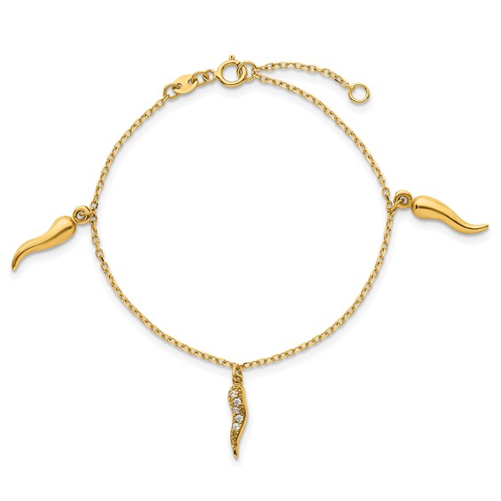 14k Polished CZ Three Italian Horn Dangles 5.75 inch Childrens Bracelet Plus 0.75 inch Extender