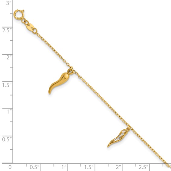 14k Polished CZ Three Italian Horn Dangles 5.75 inch Childrens Bracelet Plus 0.75 inch Extender
