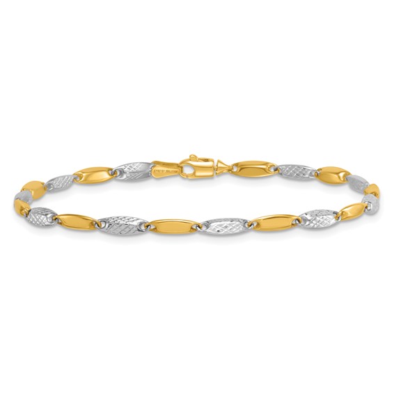 14k Two-tone Polished and Textured Fancy Marquise-shaped Link 7.5 inch Bracelet