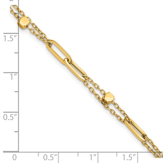 14K Polished and Beaded 2-Strand with Fancy Paperclip Link 7.5 Inch Bracelet