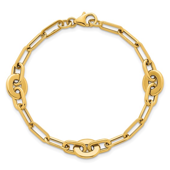 14K Polished Flat Oval and Paperclip Link 7.25 Inch Bracelet