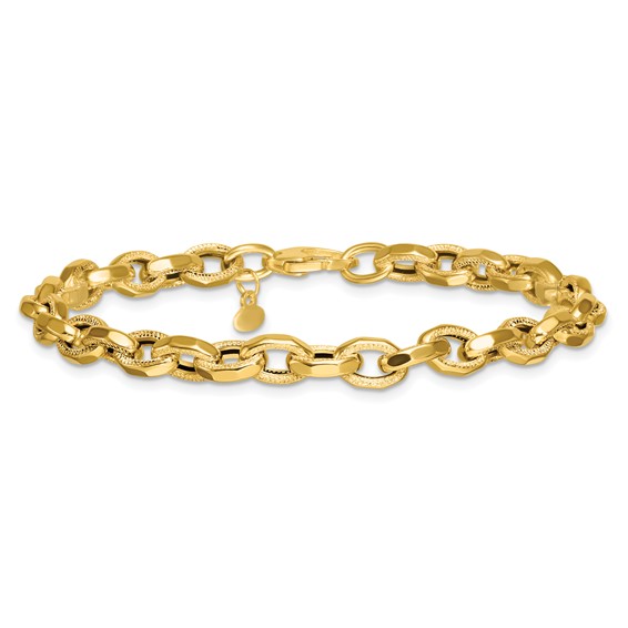 14k Polished Fancy Textured Oval Open Link 7.5 inch Bracelet