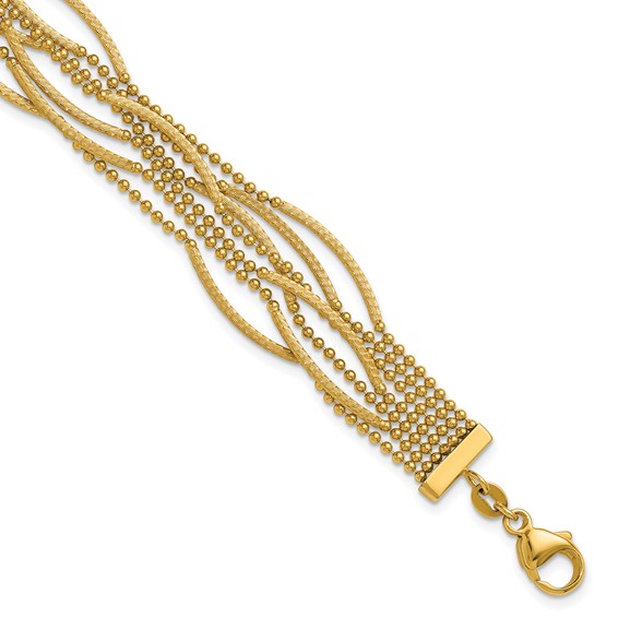 14k Polished and Textured Multi Strand Beaded 7.25 inch Bracelet