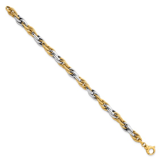 14k Two-tone Polished and Twisted 6.5mm Lightweight Fancy Rope Link 7 inch Bracelet