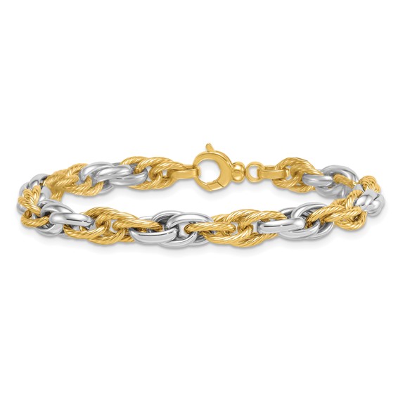 14k Two-tone Polished and Twisted 6.5mm Lightweight Fancy Rope Link 7 inch Bracelet