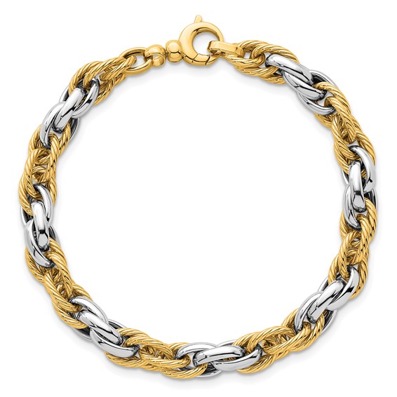 14k Two-tone Polished and Twisted 6.5mm Lightweight Fancy Rope Link 7 inch Bracelet