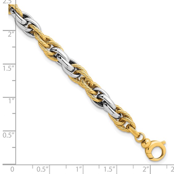 14k Two-tone Polished and Twisted 6.5mm Lightweight Fancy Rope Link 7 inch Bracelet