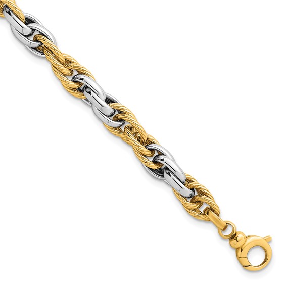 14k Two-tone Polished and Twisted 6.5mm Lightweight Fancy Rope Link 7 inch Bracelet
