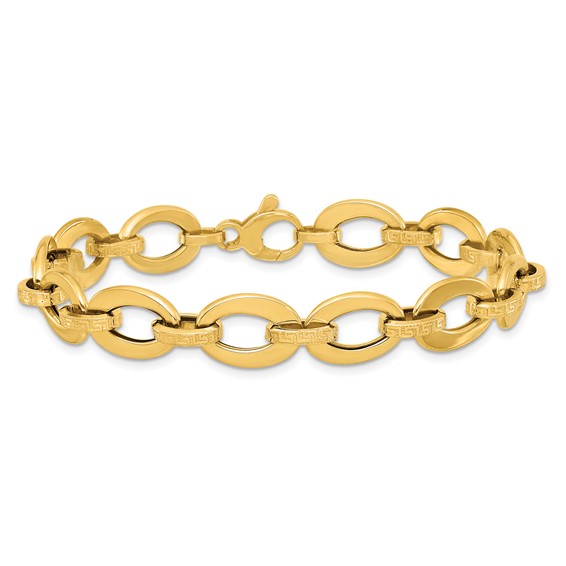 14K Polished and Textured Greek Key Etched 10mm Fancy Oval Link 7.75 inch Bracelet