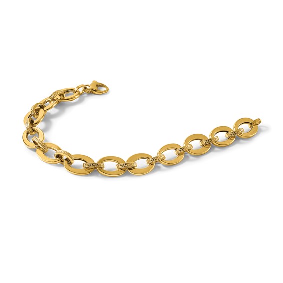 14K Polished and Textured Greek Key Etched 10mm Fancy Oval Link 7.75 inch Bracelet