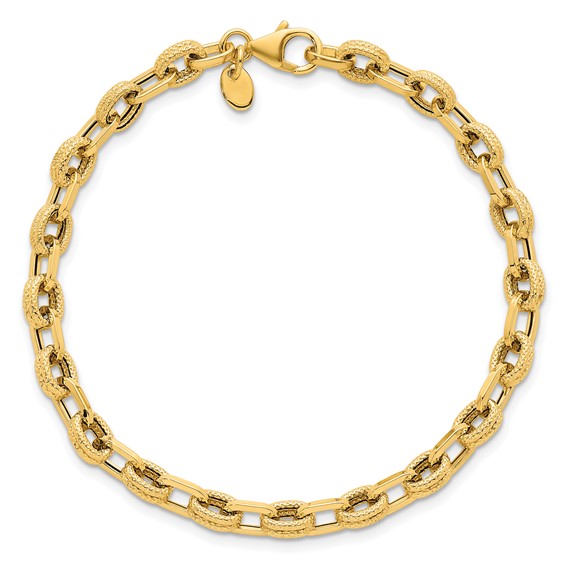 14k Polished and Textured 4.9mm Fancy Cable Link 7.5 inch Bracelet