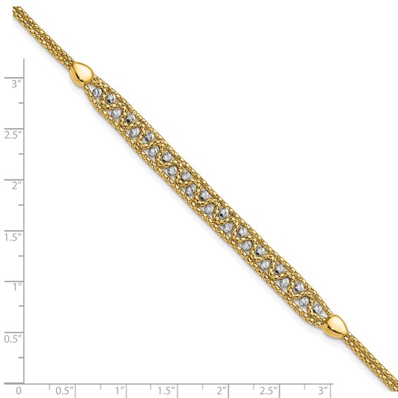 14k Two-Tone Textured Diamond-cut 7mm Beaded 7.5 inch Bracelet Plus 1 inch Extender