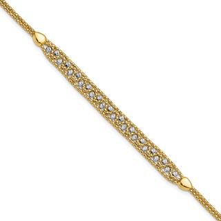 14k Two-Tone Textured Diamond-cut 7mm Beaded 7.5 inch Bracelet Plus 1 inch Extender