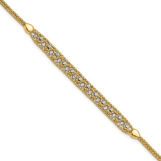 14k Two-Tone Textured Diamond-cut 7mm Beaded 7.5 inch Bracelet Plus 1 inch Extender