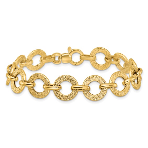 14K Polished and Textured 12mm Fancy Round Link 7 inch Bracelet