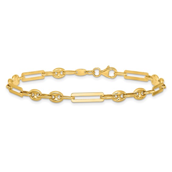 14K Polished 4mm Fancy Paperclip and Puffed Anchor/Mariner Link 7.5 inch Bracelet