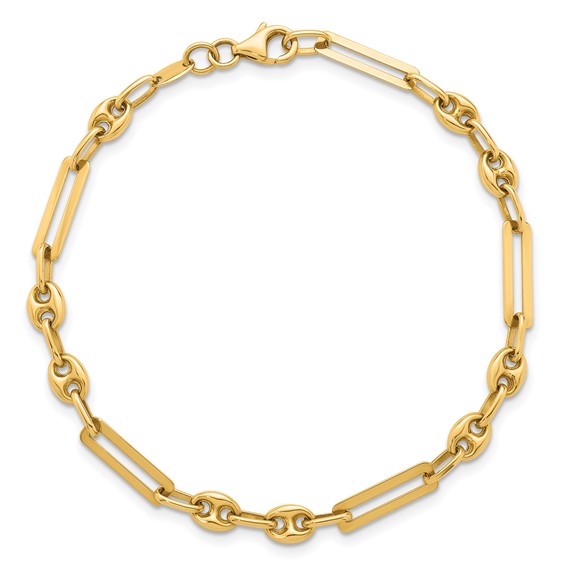 14K Polished 4mm Fancy Paperclip and Puffed Anchor/Mariner Link 7.5 inch Bracelet