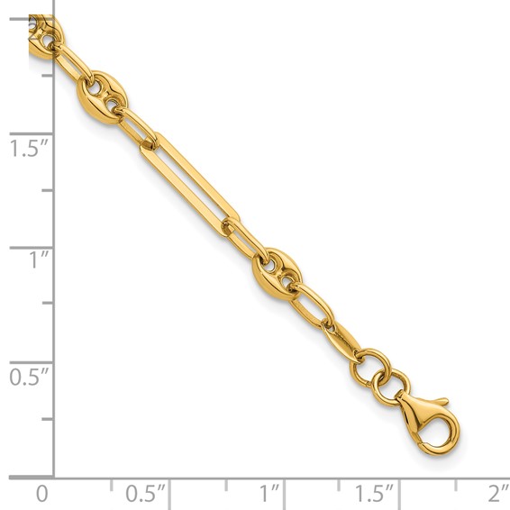 14K Polished 4mm Fancy Paperclip and Puffed Anchor/Mariner Link 7.5 inch Bracelet