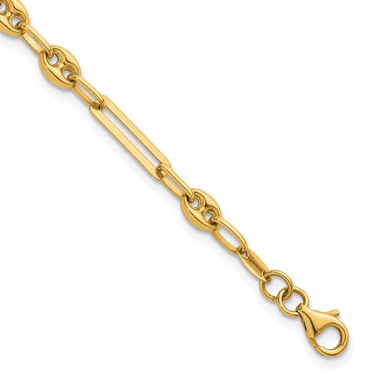 14K Polished 4mm Fancy Paperclip and Puffed Anchor/Mariner Link 7.5 inch Bracelet
