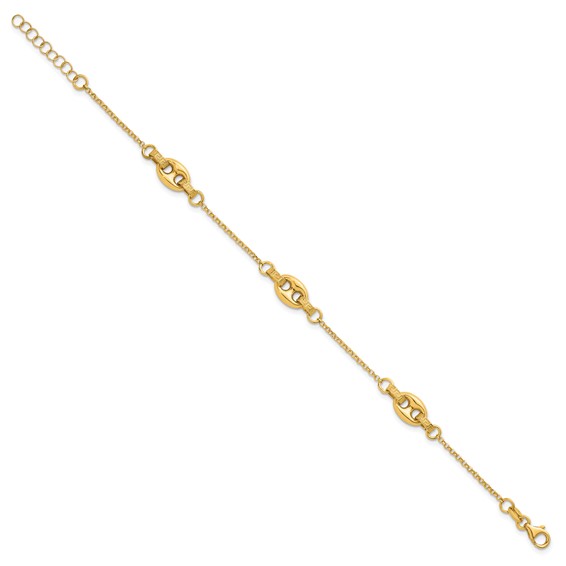 14K Polished and Textured 10.6mm Greek Key Etched Link 7.25 inch Bracelet Plus 1 inch Extender