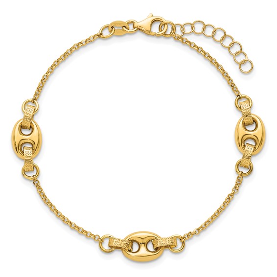 14K Polished and Textured 10.6mm Greek Key Etched Link 7.25 inch Bracelet Plus 1 inch Extender