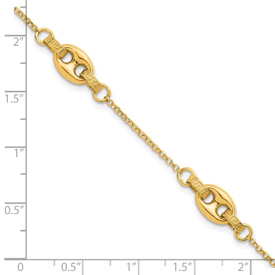 14K Polished and Textured 10.6mm Greek Key Etched Link 7.25 inch Bracelet Plus 1 inch Extender