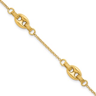 14K Polished and Textured 10.6mm Greek Key Etched Link 7.25 inch Bracelet Plus 1 inch Extender