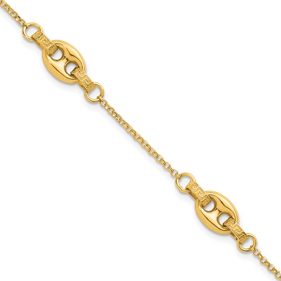 14K Polished and Textured 10.6mm Greek Key Etched Link 7.25 inch Bracelet Plus 1 inch Extender