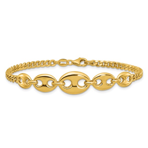 14k Polished Graduated Puffed Mariner and Curb Link 7 inch Bracelet