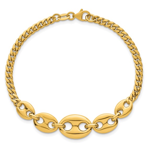 14k Polished Graduated Puffed Mariner and Curb Link 7 inch Bracelet