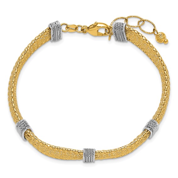 14k Two-tone Textured 10.6mm Mesh 6.75 inch Bracelet Plus 1 inch Extender