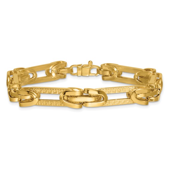 14k Polished and Textured 7.6mm Fancy Greek Key Design Oval Link 7.25 inch Bracelet