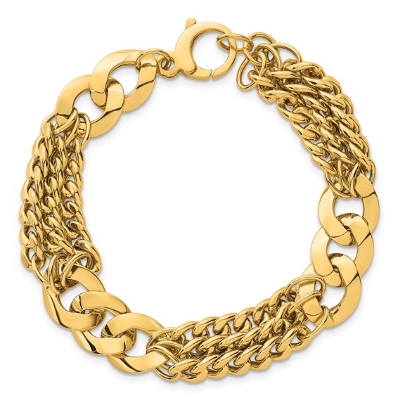 14k Polished 11.1mm Lightweight Link and Triple Strand Fancy Curb 7.25 inch Bracelet