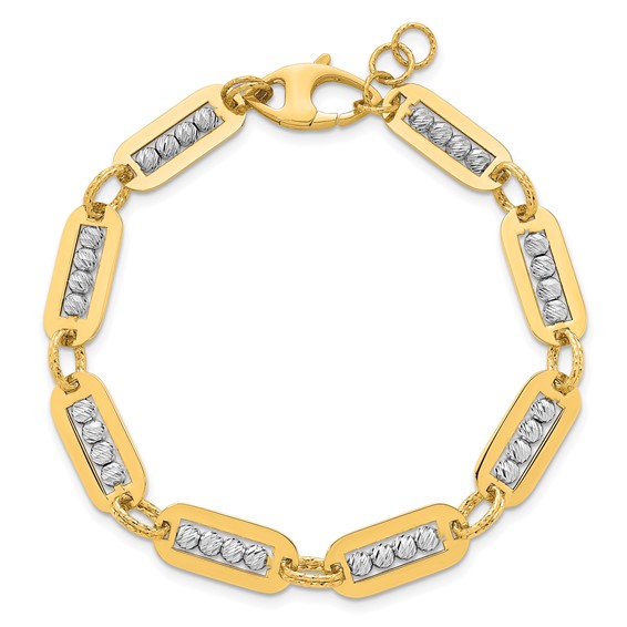 14K Two-Tone Polished Diamond-cut Bead 7.25 inch Bracelet Plus 0.5 inch Extender