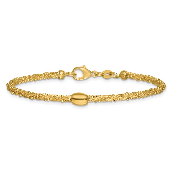 14k Polished and Textured Twisted with Bead 7.25 inch Bracelet